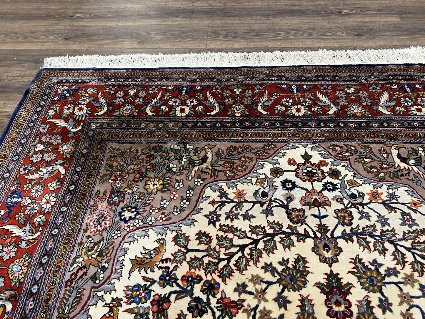 Sino Persian Rug Hand Knotted 7x10 Circle Of Life Tree Of Life Birds Cream Red Navy Blue Taupe Wool Silk Accents Vintage