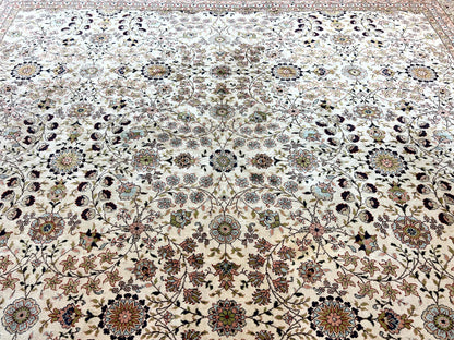 Hereke Silk Rug Vintage 8x12 Handmade Ivory Cream Floral Pattern Pile