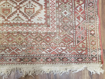 Antique Shirvan Rug 4x6 Dagestan Wool Hand Knotted Soft Red Ivory Oriental Carpet
