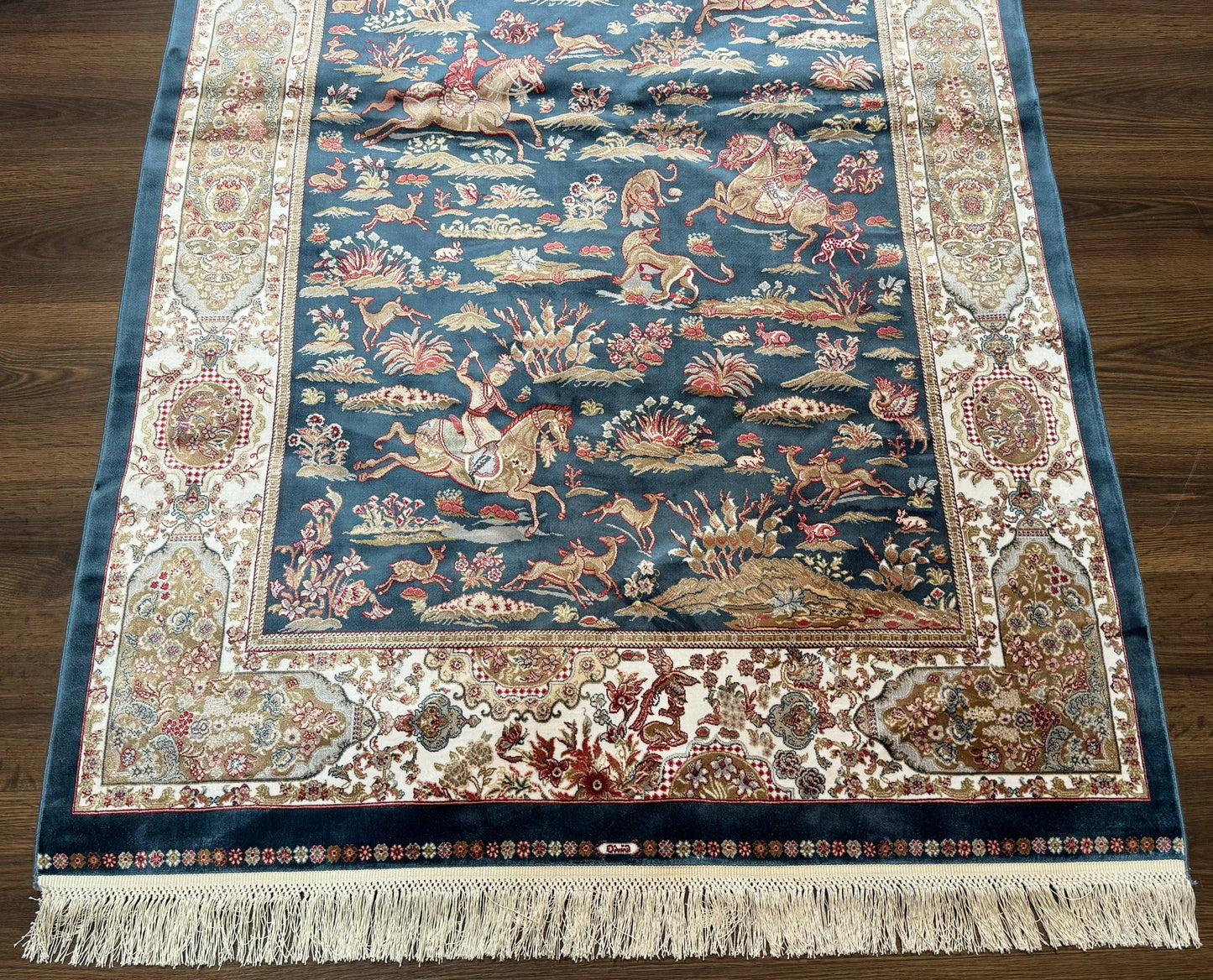 Turkish Silk Hunting Design Rug 4x6 in Dark Steel Blue and Ivory, Bamboo Silk