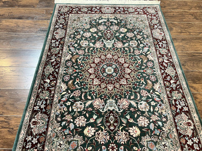 Pak Persian Rug 4x6, Wool Hand Knotted Vintage Carpet, Dark Green, Floral Medallion, Fine Oriental Rug