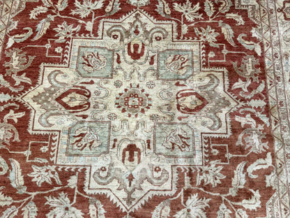 Turkish Heriz Serapi Rug 9x13 Geometric Medallion Hand Knotted Wool Vintage Area Rug