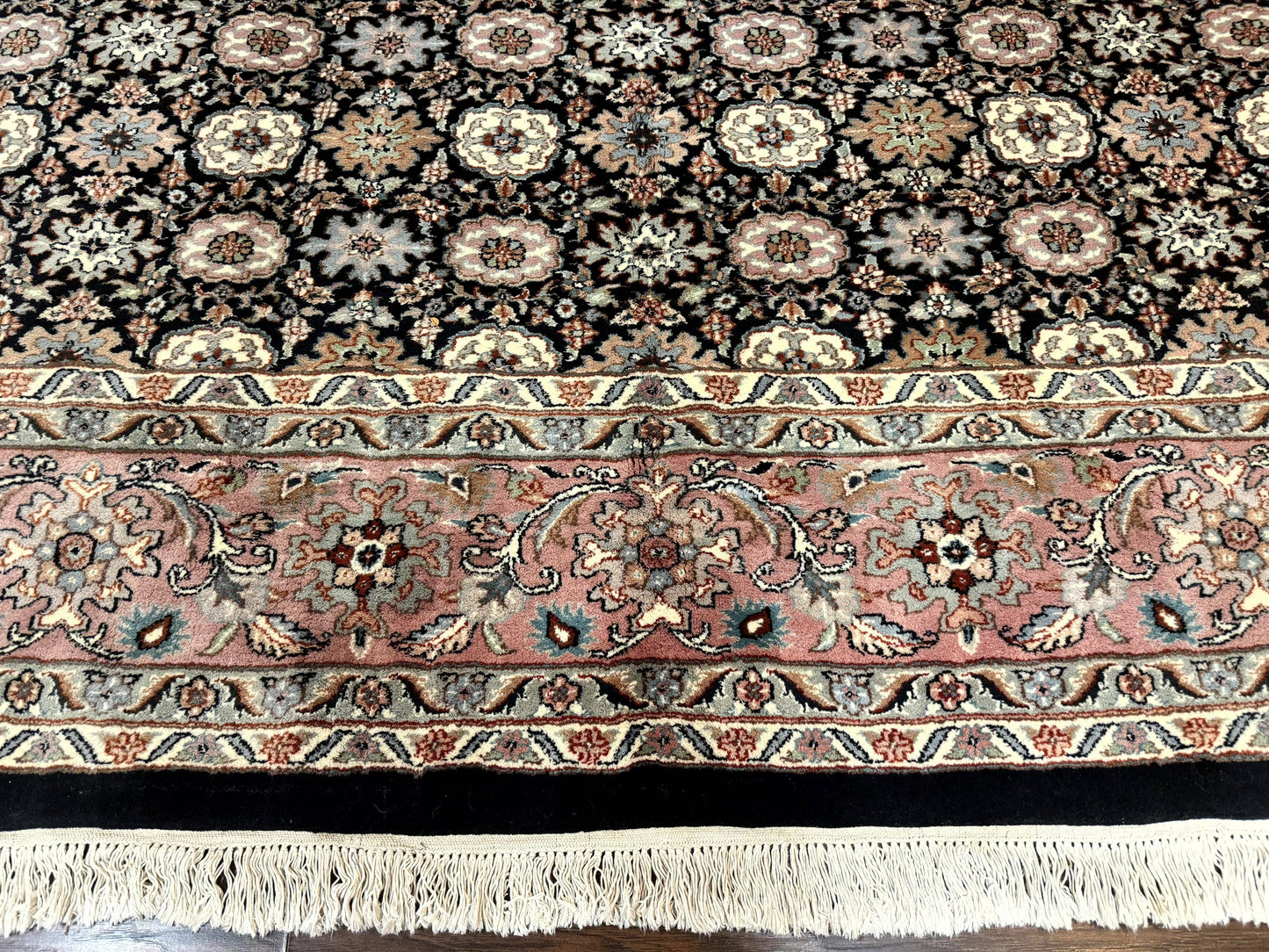 Indo Persian Rug 9x12, Vintage Handmade Wool Carpet, Repeated Allover Motif, Navy Blue and Pink