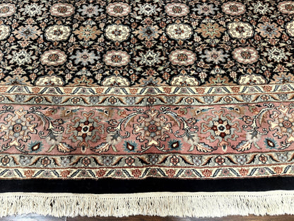 Indo Persian Rug 9x12, Vintage Handmade Wool Carpet, Repeated Allover Motif, Navy Blue and Pink