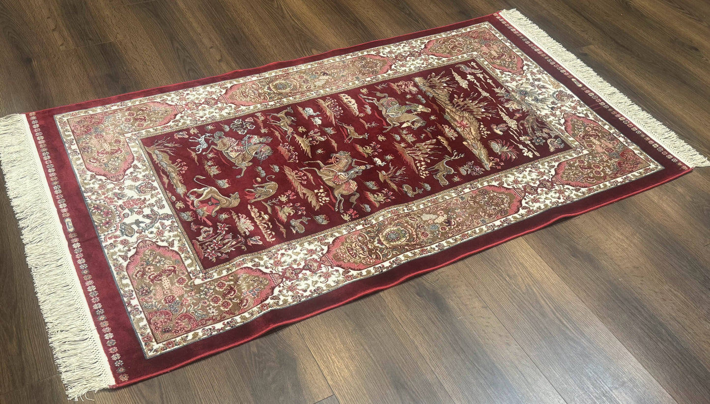 Turkish Silk Rug 3x5 Hunting Design Dark Red Ivory Bamboo Silk Area Rug
