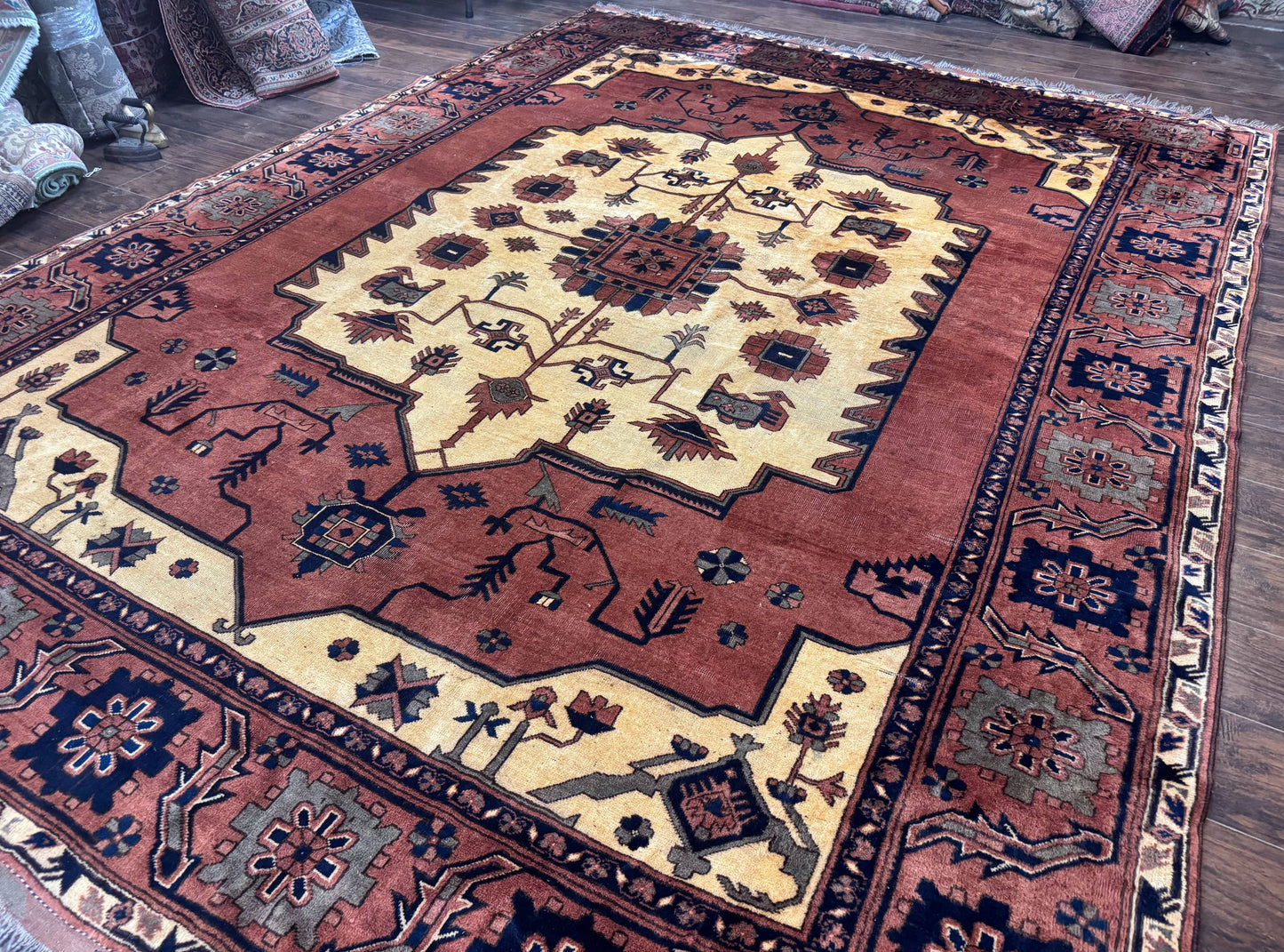 Afghan Heriz Rug 9x12 Vintage Hand Knotted Wool Carpet Tribal Geometric Serapi Rust Cream Navy
