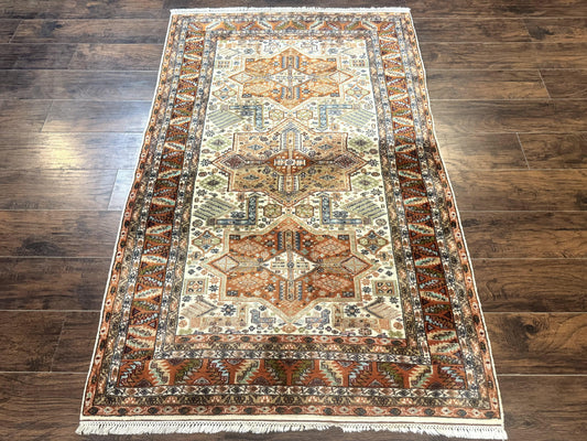 Turkish Kazak Rug 4x6 Geometric Medallions Vintage Hand Knotted Wool Carpet