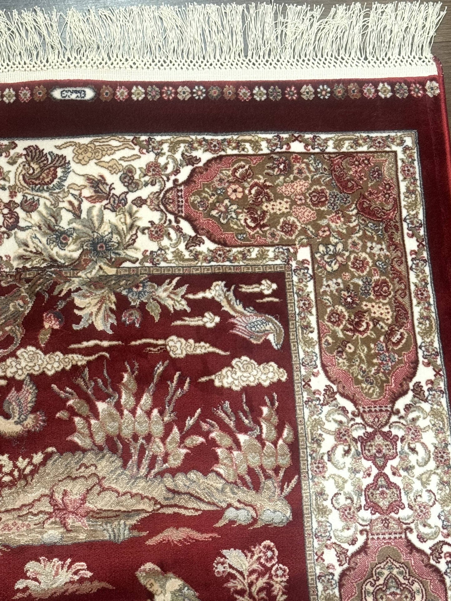 Turkish Silk Rug 2.6 x 6.7, Hunting Design, Short Runner Rug, Red & Ivory, Bamboo Silk, New