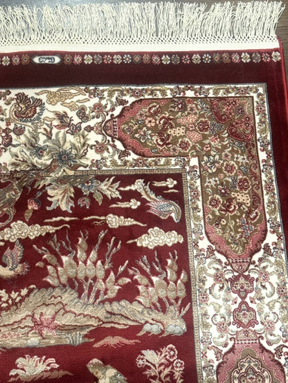 Turkish Silk Rug 2.6 x 6.7, Hunting Design, Short Runner Rug, Red & Ivory, Bamboo Silk, New