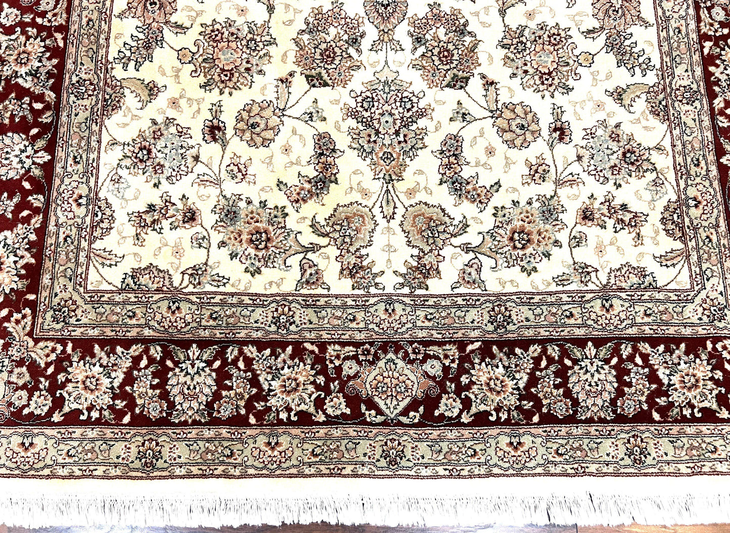 Pak Persian Rug 6x9 Wool Silk Hand Knotted Floral Allover Cream and Maroon Vintage Rug