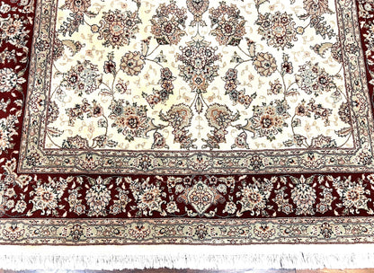 Pak Persian Rug 6x9 Wool Silk Hand Knotted Floral Allover Cream and Maroon Vintage Rug