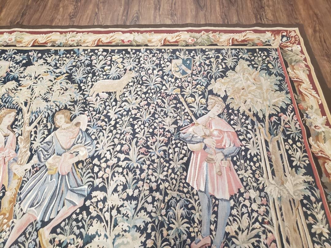 Vintage European Tapestry Aubusson Weave Wool Wall Hanging Courtship Scene Animals