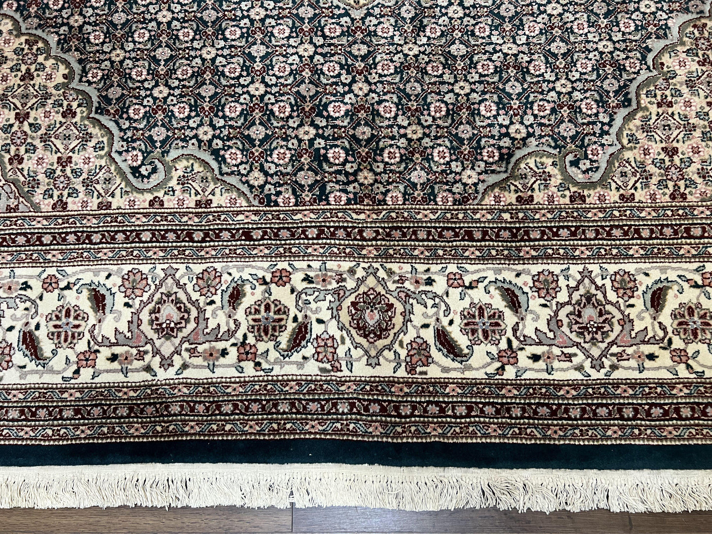 Sino Persian Rug 9x12, Dark Green and Ivory, Medallion, Mahi Herati, Elegant Oriental Carpet, Wool Hand Knotted Traditional Room Sized Rug