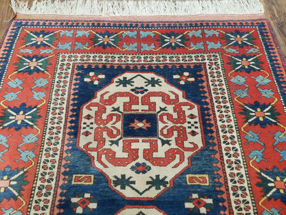 Turkish Kazak Rug 5x6 Vintage Handmade Wool Carpet With Geometric Blue Red Design