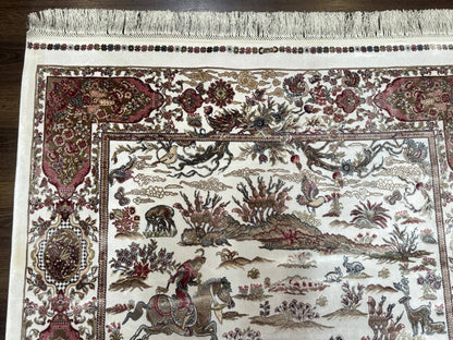Turkish Silk Hunting Scene Rug 4x6 Ivory Bamboo Silk Contemporary Area Rug