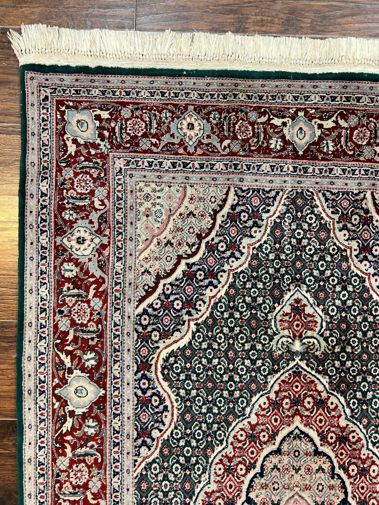 Sino Persian Rug 4x6 Hand Knotted Wool Silk Highlights Herati Medallion Vintage Carpet Green Maroon