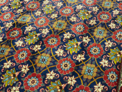 Navy Blue Antique Persian Rug 7x11, Veramin Mina Khani Repeated Allover Pattern, Vintage Authentic Hand Knotted Handmade Wool Room Sized Carpet