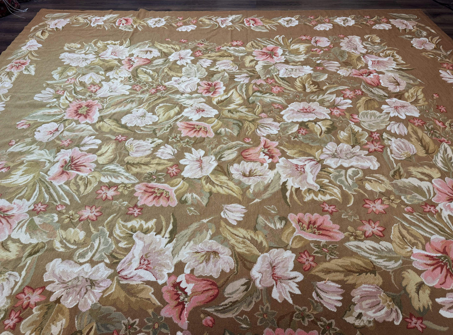 Large Needlepoint Rug 11x14, Vintage Floral Wool Carpet, Caramel