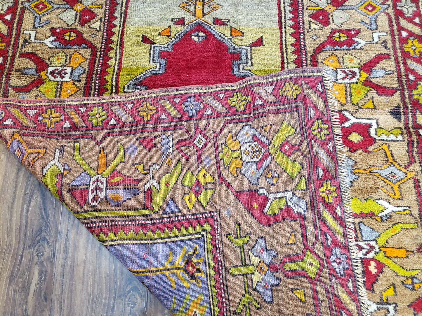 Antique Turkish Prayer Rug Handwoven Wool 3.8 By 5 Feet Colorful Red Blue Gold Anatolian Carpet