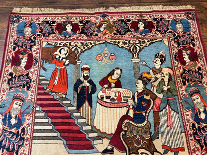 Rare Persian Kashan Pictorial Rug 6x9, King Bahram Hunting Scene, Persian Kings, Hand Knotted Persian Rug for Wall Hanging, Antique, Wool