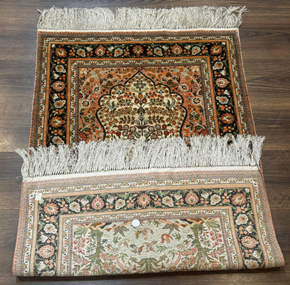 Handmade Silk Rug 2.6 By 4 Tree Of Life Vase Bird Pictorial Very Fine 630 KPSI