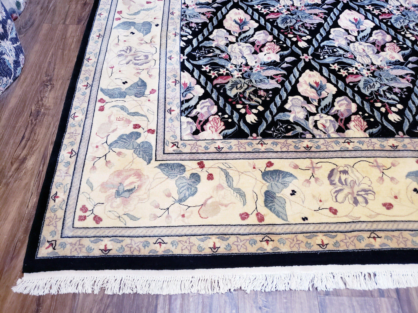 Black Kirman Rug, 8x11 - 9x12 Rug, Sino-Persian Rug, Floral Oriental Carpet, Handmade Rug, Black and Ivory Rug, Room Sized Area Rug, Wool