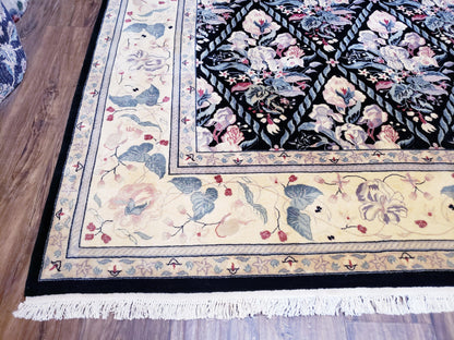 Black Kirman Rug, 8x11 - 9x12 Rug, Sino-Persian Rug, Floral Oriental Carpet, Handmade Rug, Black and Ivory Rug, Room Sized Area Rug, Wool