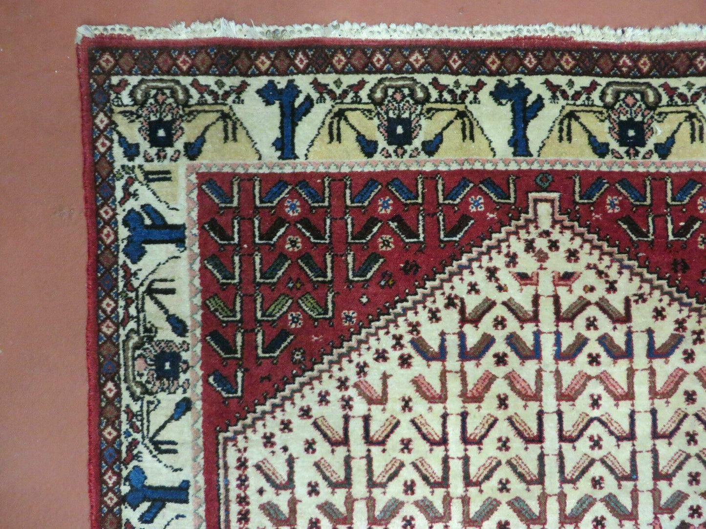 Vintage Handmade Wool Rug India Geometric Oriental Birds Ivory Red 3x5
