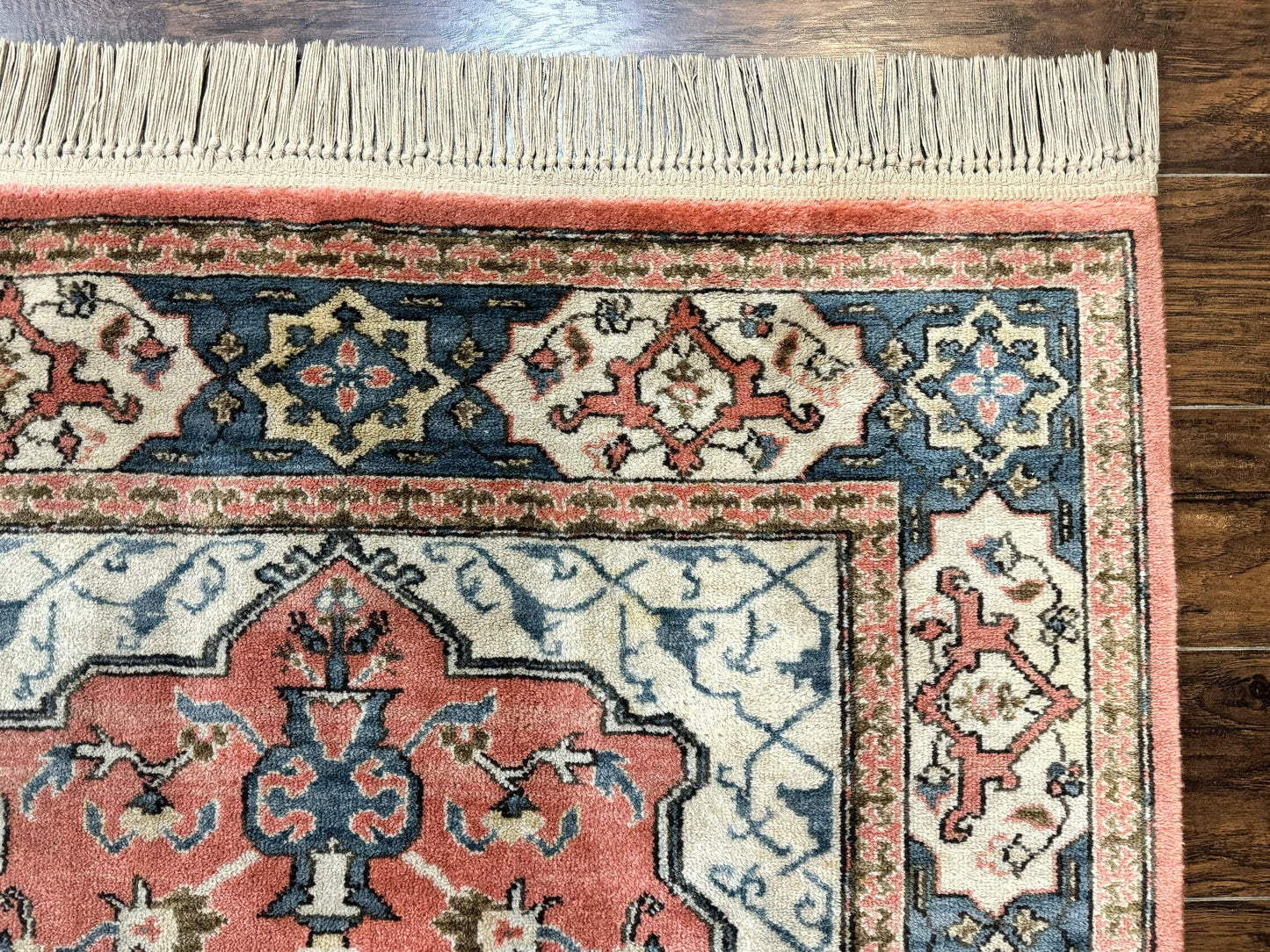 Karastan Rug 4x6 Bergama Design #737, Karastan Area Rug, Vintage Wool Karastan Carpet, Original Collection 700 Series, Salmon Red Light Blue