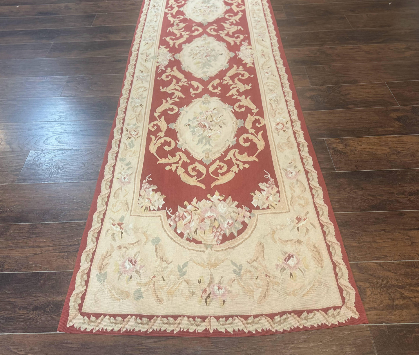 Aubusson Runner Rug 3x10, European Design, Red and Beige, Elegant, Handmade Wool Rug