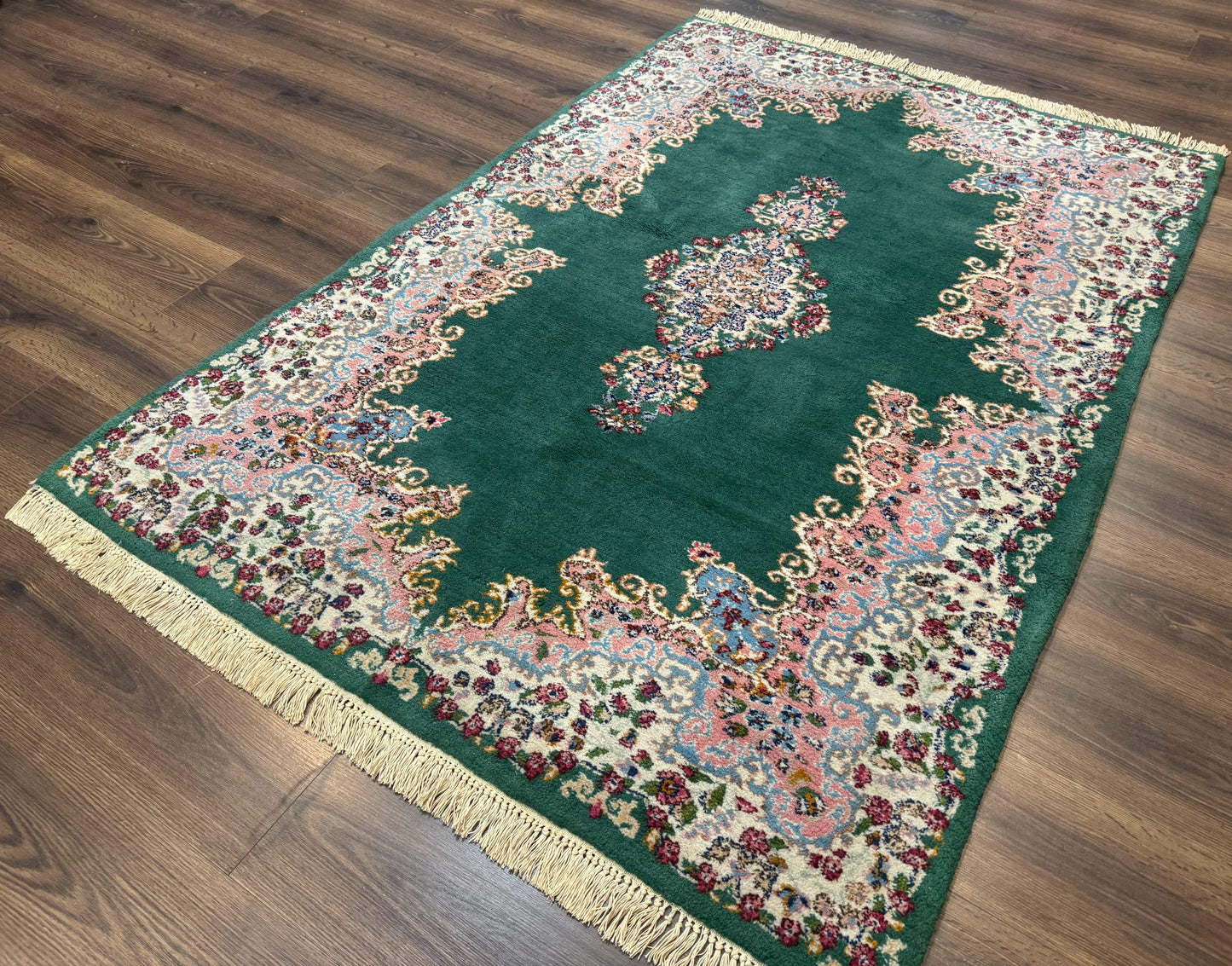 Persian Kerman Rug 4x6 Vintage Wool Green Ivory Pink Medallion Semi Open Field