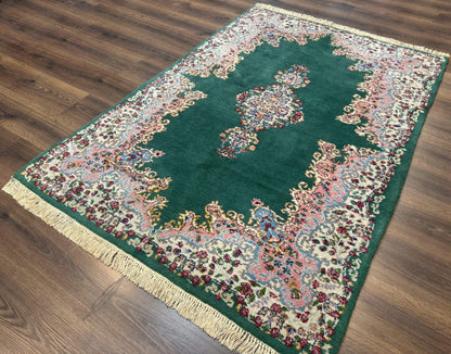 Persian Kerman Rug 4x6 Vintage Wool Green Ivory Pink Medallion Semi Open Field