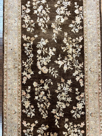 Peshawar Runner Rug 3 x 20, Wool Hand Knotted Vintage Pakistani Carpet, Brown & Taupe, Chobi Mahal Floral Rug, Extra Long Hallway Runner