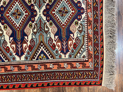 Russian Soumak Rug 6x8, Wool Handmade Antique Kilim Carpet, Multicolor 6 x 8 Geometric Medallions Caucasian Rug, Medium Size