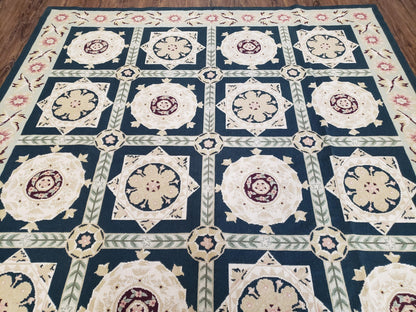 Vintage Chinese Needlepoint Rug 6x9 Handwoven Wool Panel Design Rug Black Ivory