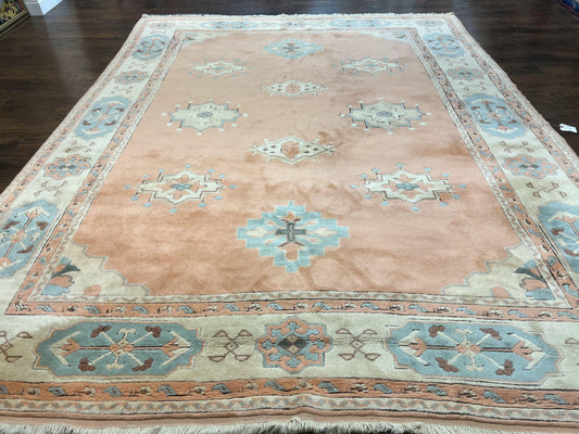 Turkish Oushak Rug 9x12 Hand Knotted Wool Vintage Carpet Peach Cream Light Blue