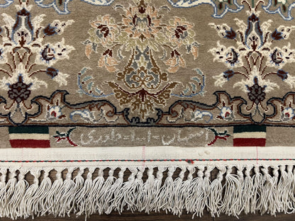 Persian Isfahan Rug 3x5 Hand Knotted Kork Wool On Silk Foundation Taupe Floral