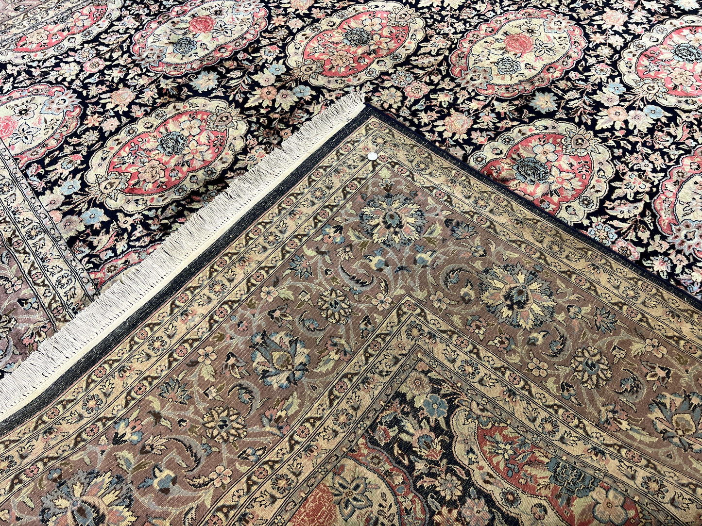 Sino Persian Rug 9x12 Navy Blue and Pink Hand Knotted Wool Silk Floral Vintage Oriental Carpet