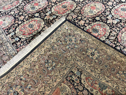 Sino Persian Rug 9x12 Navy Blue and Pink Hand Knotted Wool Silk Floral Vintage Oriental Carpet