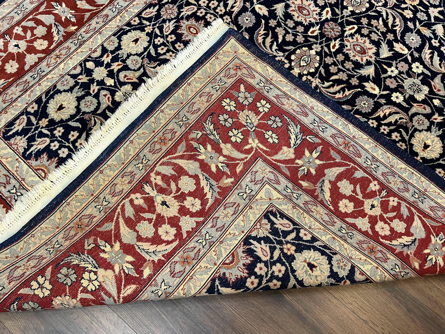 Indo Sarouk Rug 6x9, Vintage Indian Persian Rug, Wool Oriental Carpet, Navy Blue Red Allover Floral Rug, Traditional Very Fine Rug, Area Rug