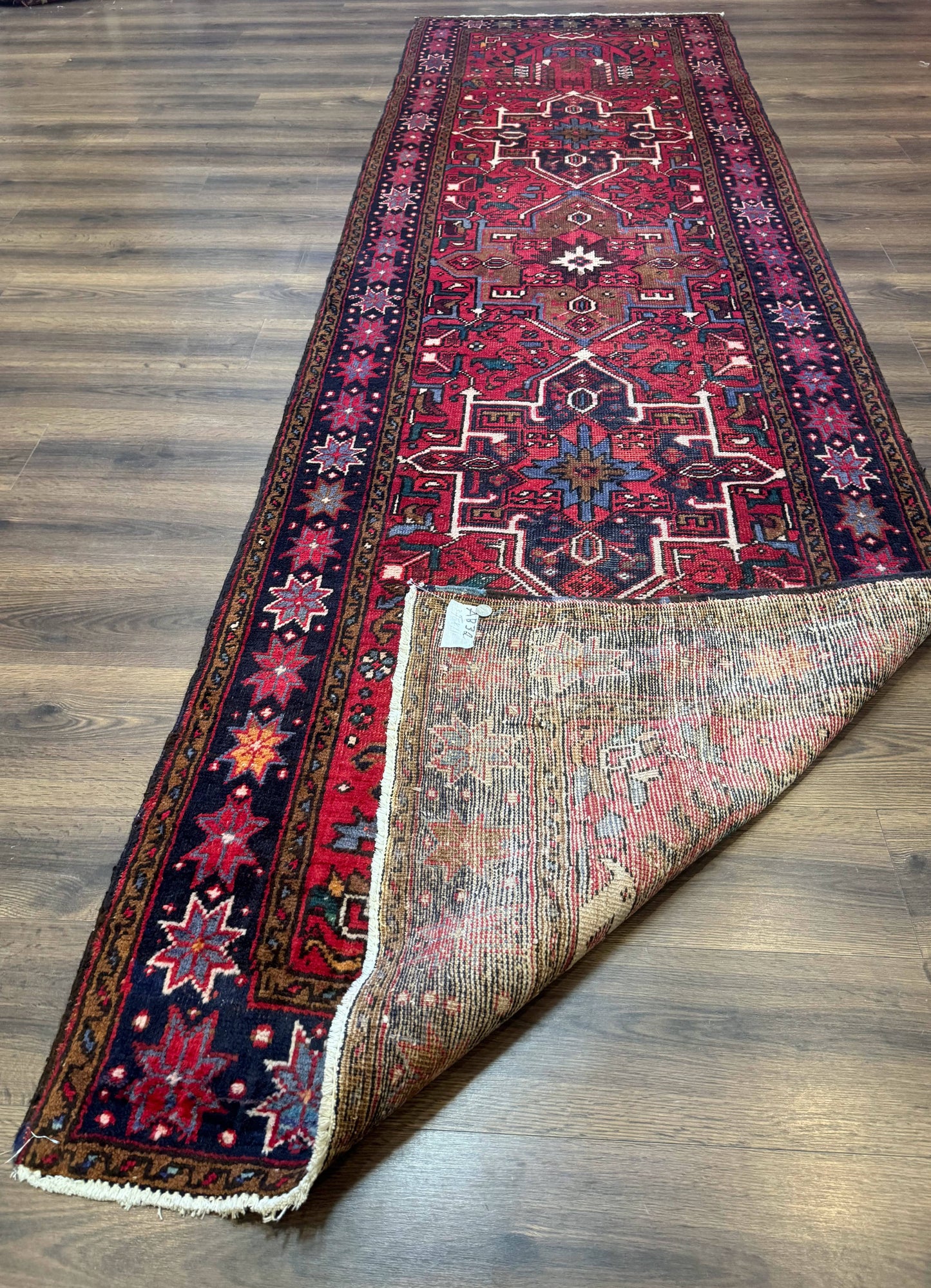 Persian Heriz Karajeh Runner Rug 3.7 x 12, Geometric Medallions, Red and Navy Blue