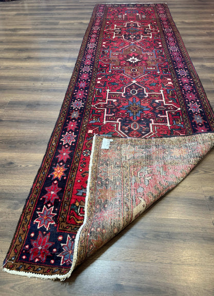 Persian Heriz Karajeh Runner Rug 3.7 x 12, Geometric Medallions, Red and Navy Blue