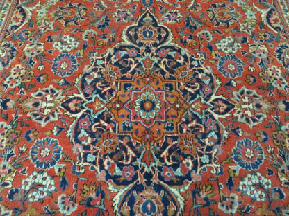 Persian Kashan Rug 4x7, Red and Navy Blue Semi Antique Vintage Wool Oriental Carpet, Hand Knotted Rug, Floral Medallion, High Quality Fine Carpet