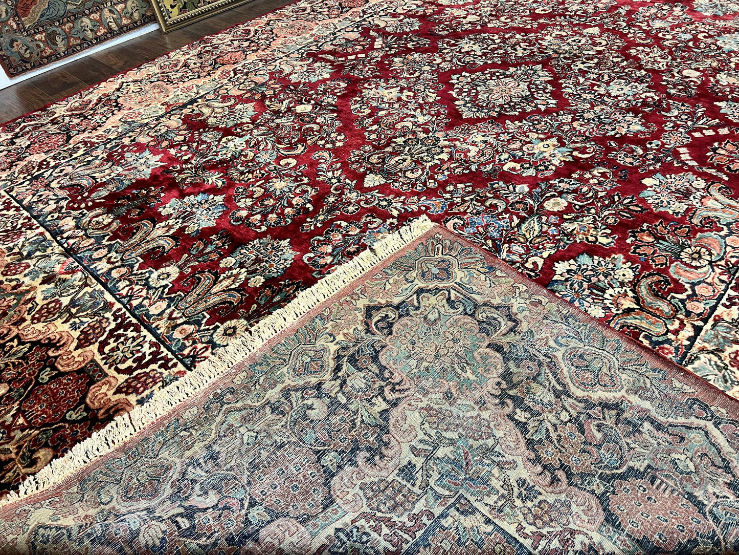 Persian Sarouk Rug 12x17, Wool Hand Knotted Antique Carpet, Dark Red, Traditional Floral Oriental Rug, 12 x 17 Extra Large Handmade Rug