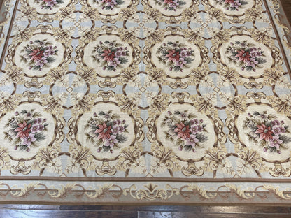 Needlepoint Wool Rug 8x11 Vintage Sky Blue Handmade Carpet