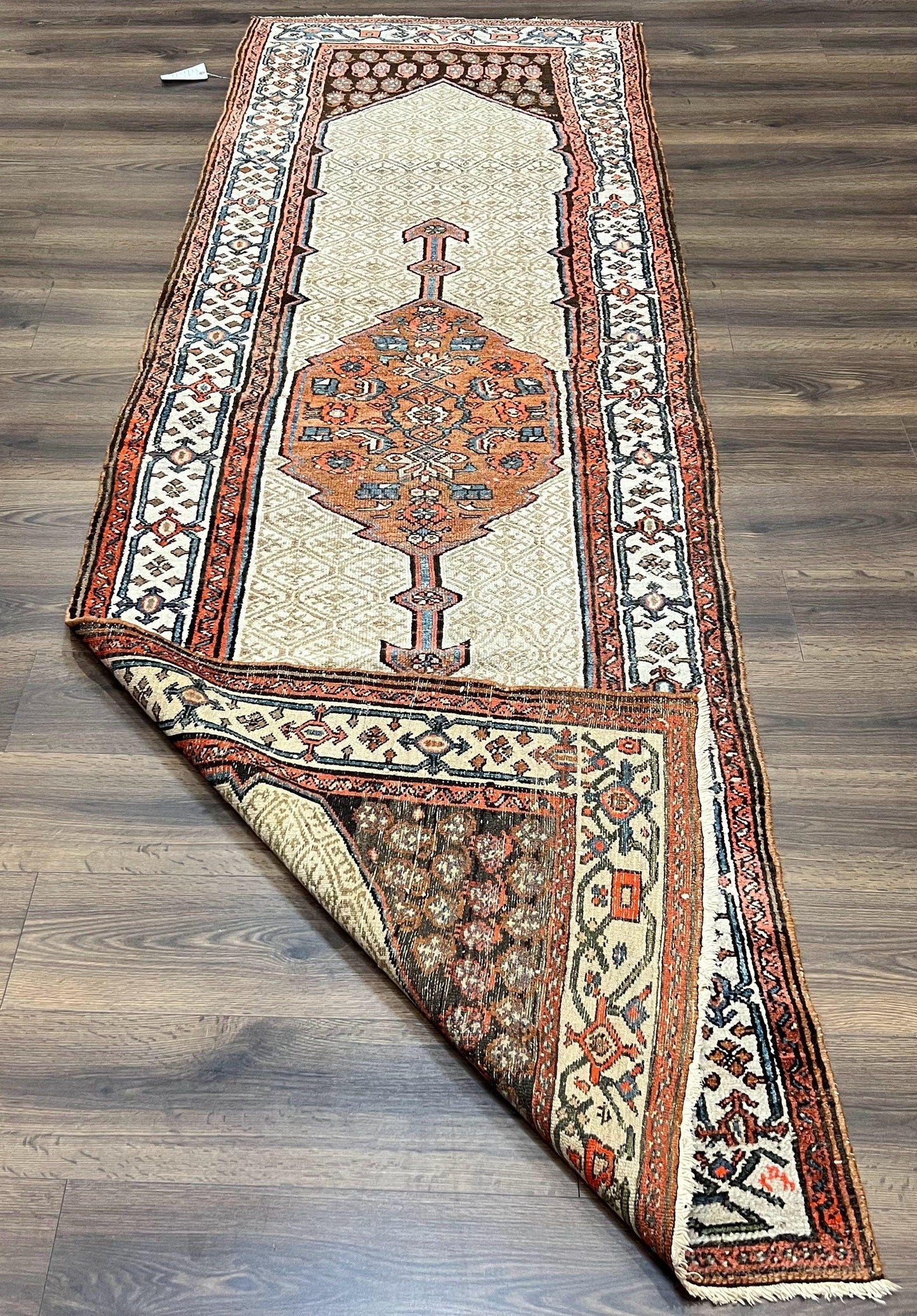 Rare Persian Tribal Runner Rug 3.5 x 10, Sarab Serab Kalegy Carpet, Antique 1920s Collectible Geometric Medallion Oriental Wool Runner, Hand Knotted, Camel Hair Color