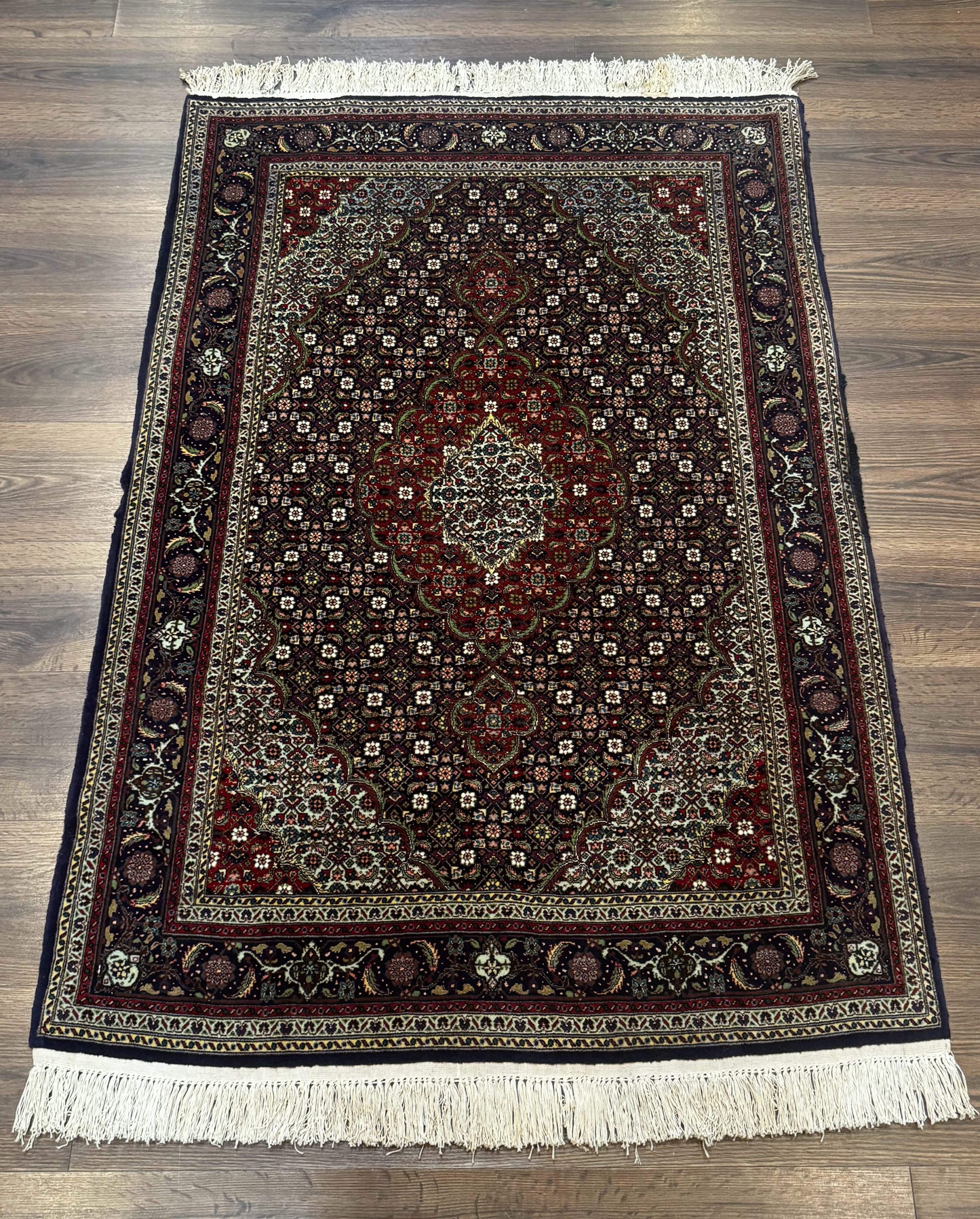 Persian Tabriz Rug 3x5, Wool on Silk Foundation, Very Fine 550 KPSI, Dark Navy Blue