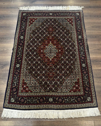 Persian Tabriz Rug 3x5, Wool on Silk Foundation, Very Fine 550 KPSI, Dark Navy Blue