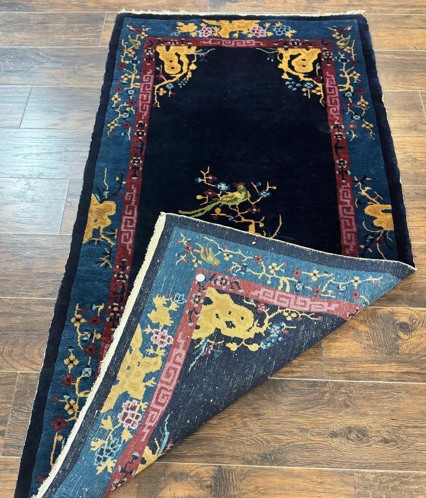 Antique Chinese Peking Rug 3x6 Handmade Wool Bird Motif Dark Blue Oriental Carpet