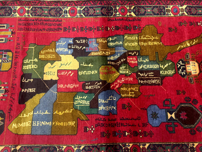 Red Afghan Balouch Rug 3x7, Tribal, Map of Afghanistan Depiction, Handmade, New